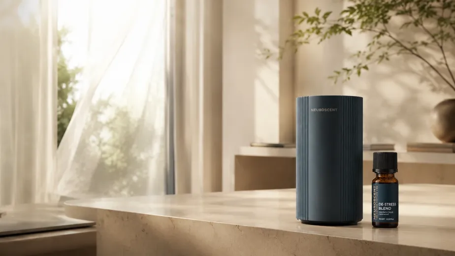 A NeuroScent MicroMoments Diffuser and Focus Blend bottle on a sunlit stone counter